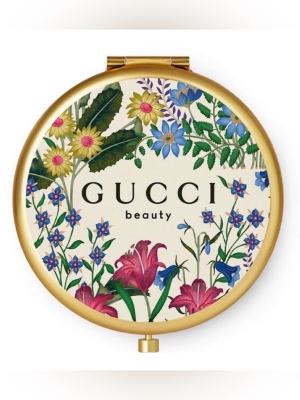 Gucci Gold Floral Compact Mirror with Multicolor Flower Print